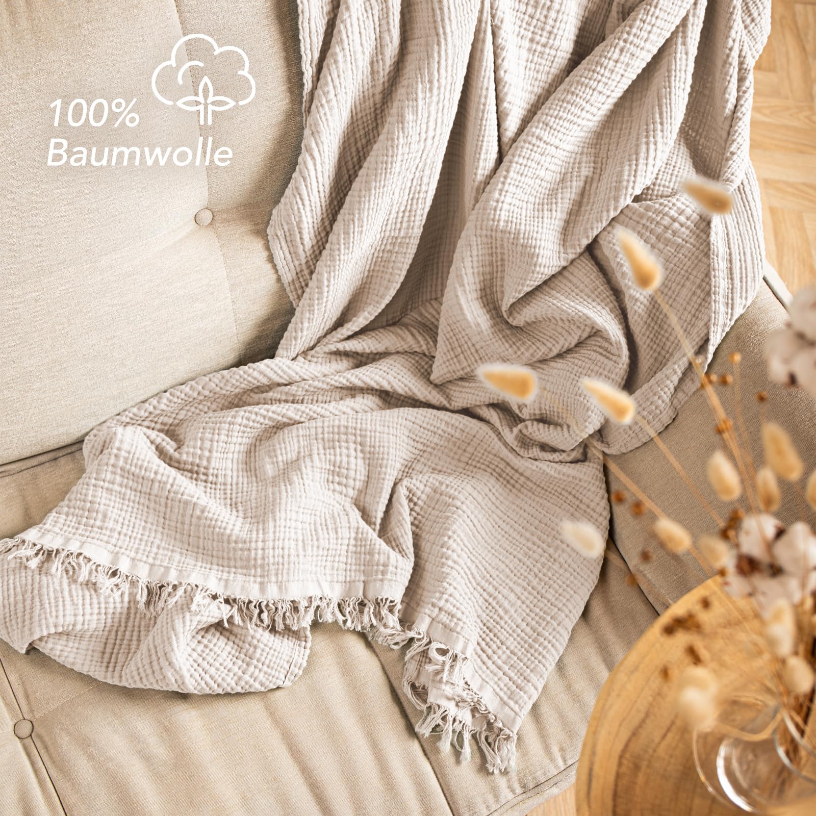 Pure Label Musselin Decke 220x240cm - Oeko-Tex zertifizierte Tagesdecke aus 100% Baumwolle | Musselin Wohn- & Kuscheldecke für Couch und Sofa in XXL | 220 x 240 cm, Farbe der Decke Beige 2