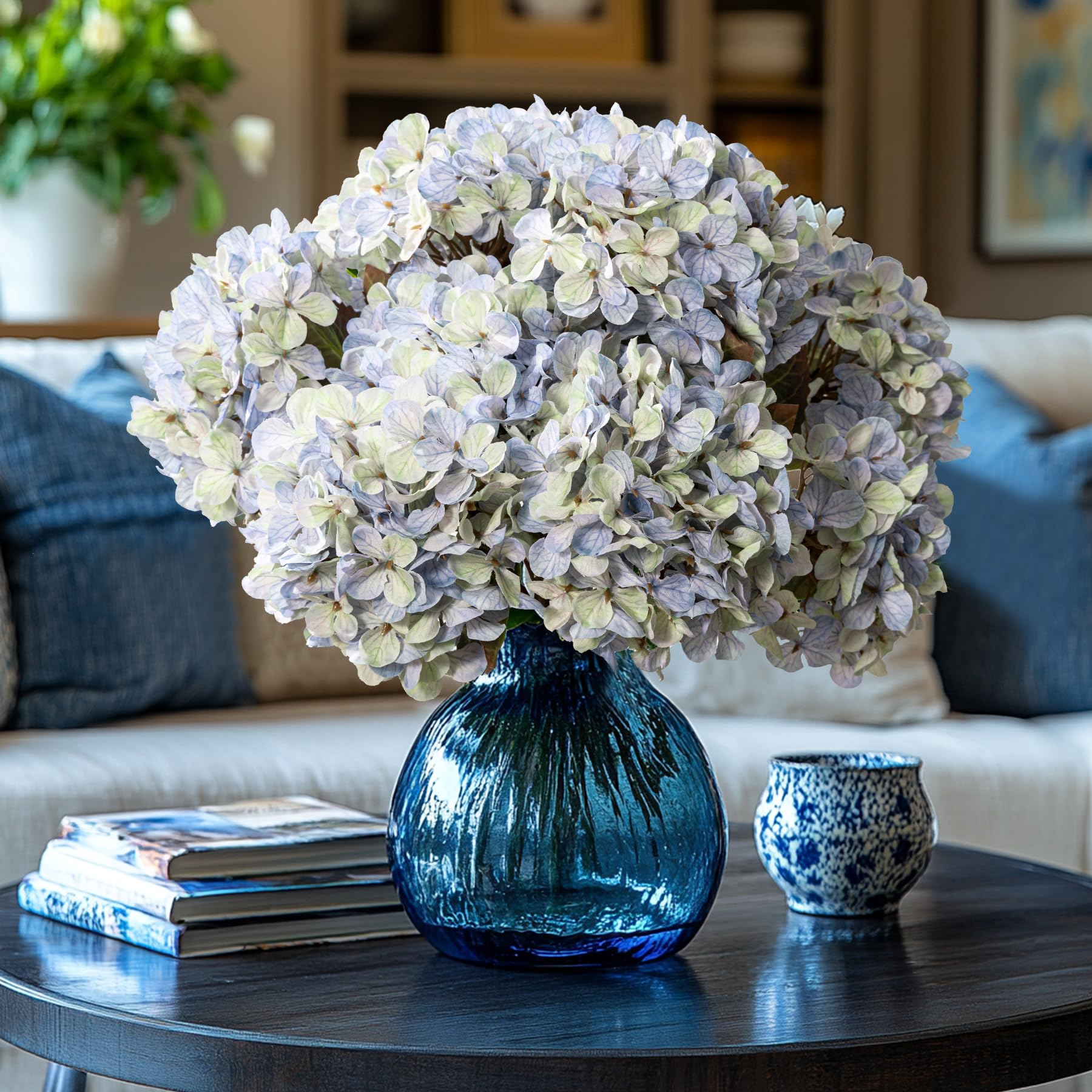 Photo 1 of Uqueeten Artificial Flower Fake Silk Hydrangea Heads Bouquet with Stems Bulk for Fall Decoration Table Center Christmas Indoor Outdoor Faux Floral Realistic with Leaves Plants Crafts 8PCS(Blue)