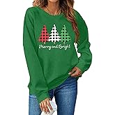Merry and Bright Sweatshirts Women Funny Leopard Printed Plaid Christmas Trees Long Sleeve Shirt Xmas Graphic Pullover Tops