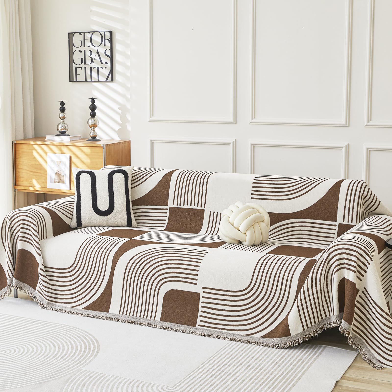 Photo 1 of WEYOND Boho Couch Cover Sofa Covers Washable, Chenille Couch Covers for 3 Cushion Couch Sofa Pet Friendly, Bohemian Sofa Slipcovers for Sectional Sofa, Loveseat, 2 3 4 Seater (71" x 150", Coffee)