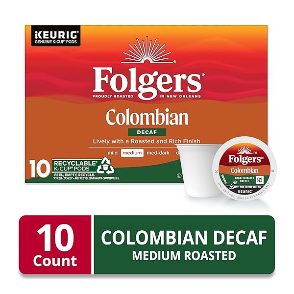FOLGERS COLOMBIAN DECAF COFFEE, MEDIUM ROAST, KEURIG K-CUP PODS, 10 COUNT BOX
