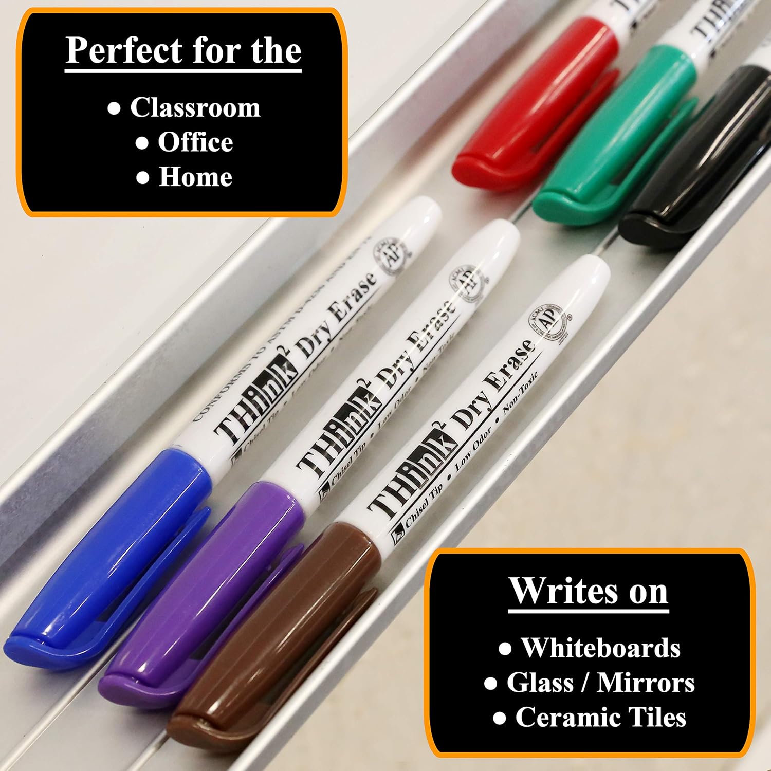 [6 Color Dry Erase Markers] Think2 Chisel Tip Markers with Eraser & Cleaner Set. (1 Black, 1 Red, 1 Blue, 1 Green, 1 Purple, 1 Brown) AP Certified German Ink. For Kids, Classroom, Office, Home : Office Products