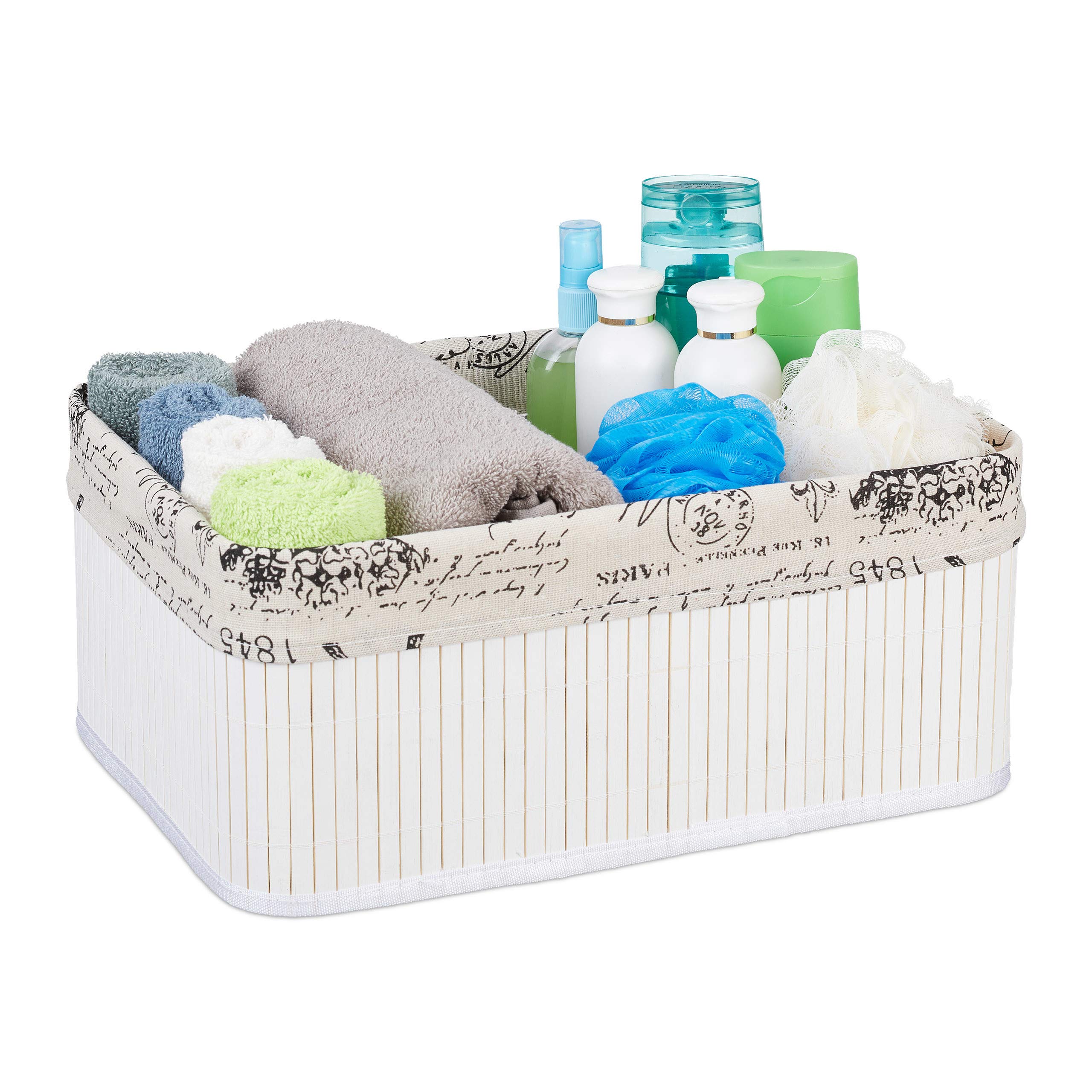 Relaxdays Storage Basket, Fabric Cover with Retro Pattern, Bamboo, Bathroom Organiser, 16.5 x 38 x 28.5 cm, White