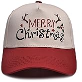 Merry Christmas Trucker Hat- 3D Embroidered Adjustable Cotton Deer Snow Baseball Caps for Men Women Red