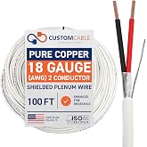 18 Gauge Wire (18 AWG) &ndash; 2 Conductor Stranded Copper Shielded Cable &ndash; 18/2 Home Electrical Wire &ndash; Low Voltage Up to 300V &ndash; CMP/CL3P Low Smoke Plenum Jacket &ndash; USA Made (100ft - White)