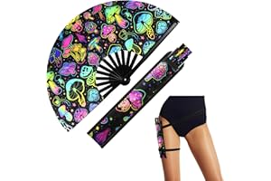FairySandy Large Rave Fan UV Glow Hand Fan with Holster for Men/women, Disco Party Favor for Edm Music Festival Club Rave Accessories(Reflective Mushroom)