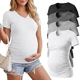 Huukeay 4 Pack Women's Maternity Shirts Pregnancy Top | Maternity V Neck T-Shirts, Pregnant Woman Short Sleeve Top, Casual Tee, Side Ruched, Pregnancy Clothes