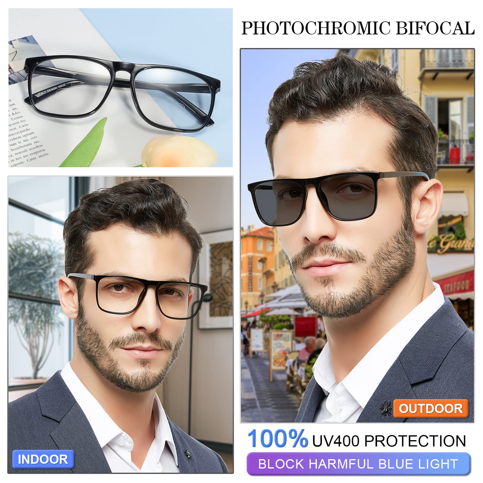 Condition photo showing New/Like New for mare azzuro photochromic bifocal reading glasses +1.0 men blue light blocking oversized square reade