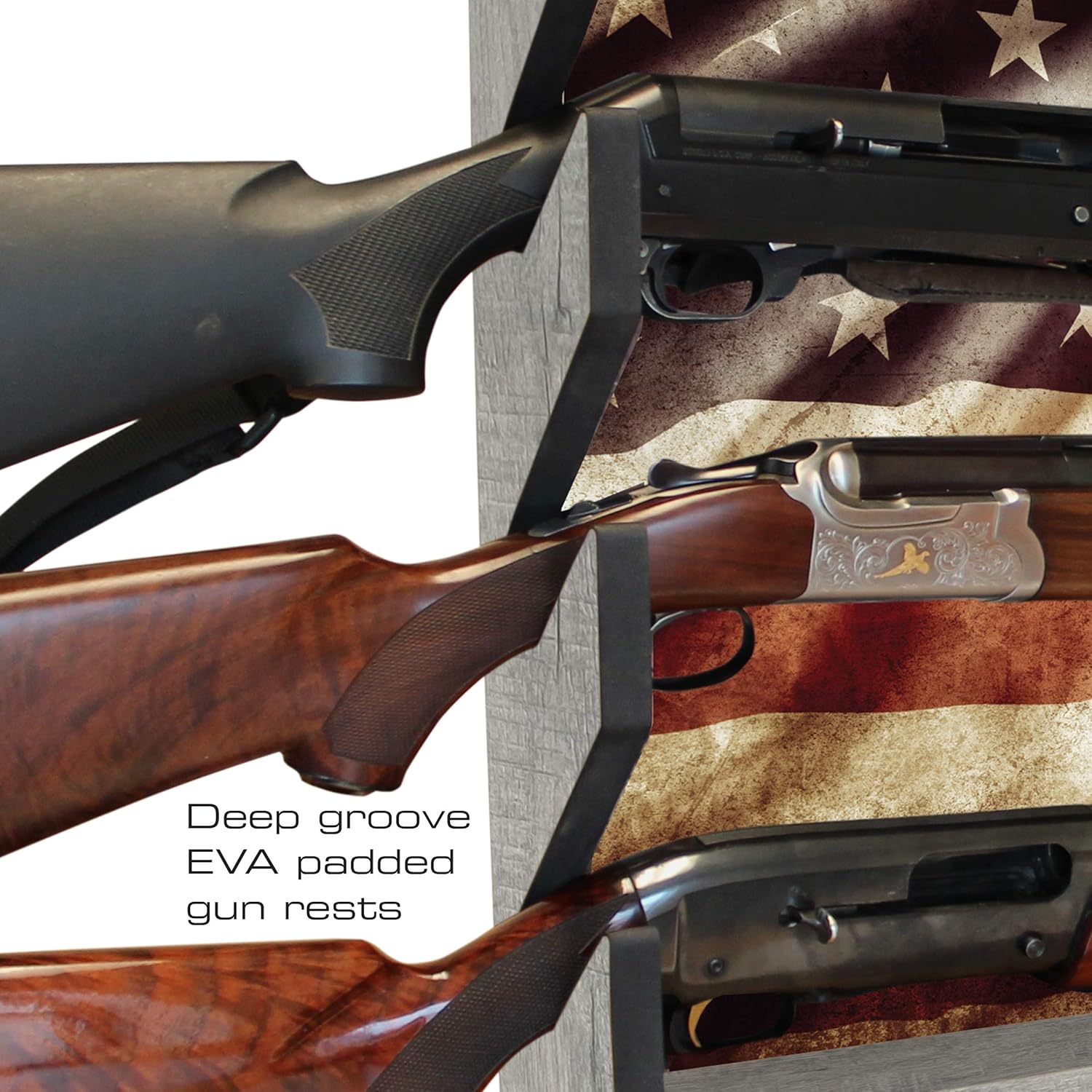 Rush Creek Creations Indoor 4 Rifle and Shotgun Wall Storage Americana Display Rack - Features Storage Compartment for Accessories: Sports & Outdoors