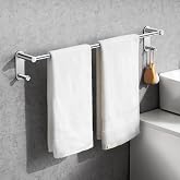24 Inch Adhesive Towel Bar with 2 Hooks, No Drill, Brushed Nickel | Stainless Steel No-Drill Adhesive Towel Rack, 2 Hooks for Towels &amp; Bath Accessories, Works on Smooth Tile