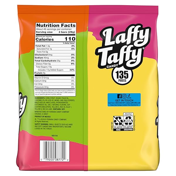 LAFFY TAFFY ASSORTED MINI BARS, CHEWY CANDY IN A VARIETY OF FRUITY FLAVORS, 135 PIECES, 45.9 OZ