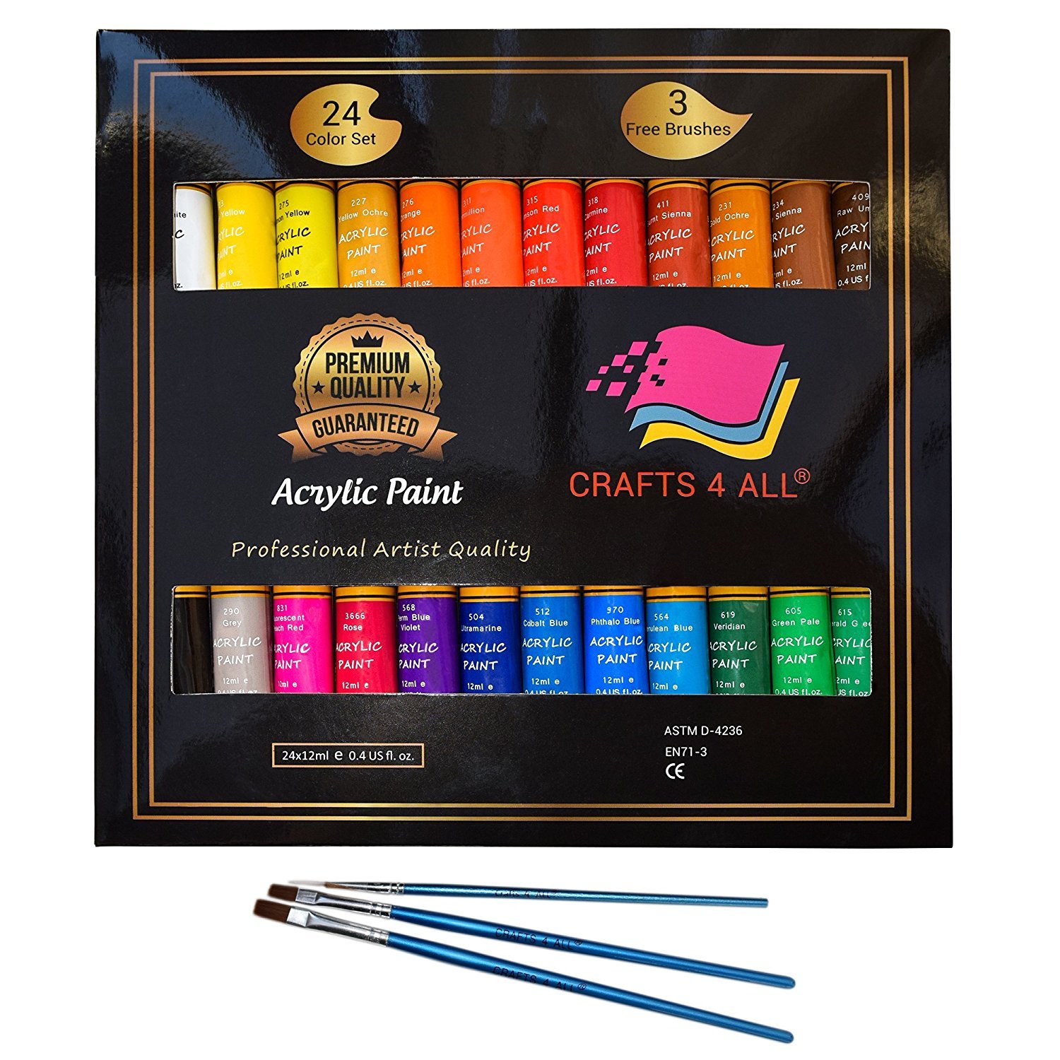 Photo 1 of Acrylic Paint Set for Adults and Kids - 24-Pack of 12mL Paints for Canvas, Wood & Ceramic w/ 3 Art Brushes - Non-Toxic Craft Paint Sets - Stocking Stuffers for Girls and Boys