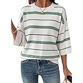 Dokotoo Womens Sweaters Spring Summer Oversized 3/4 Sleeve Striped Crewneck Casual Lightweight Knit Pullover Sweater Tops