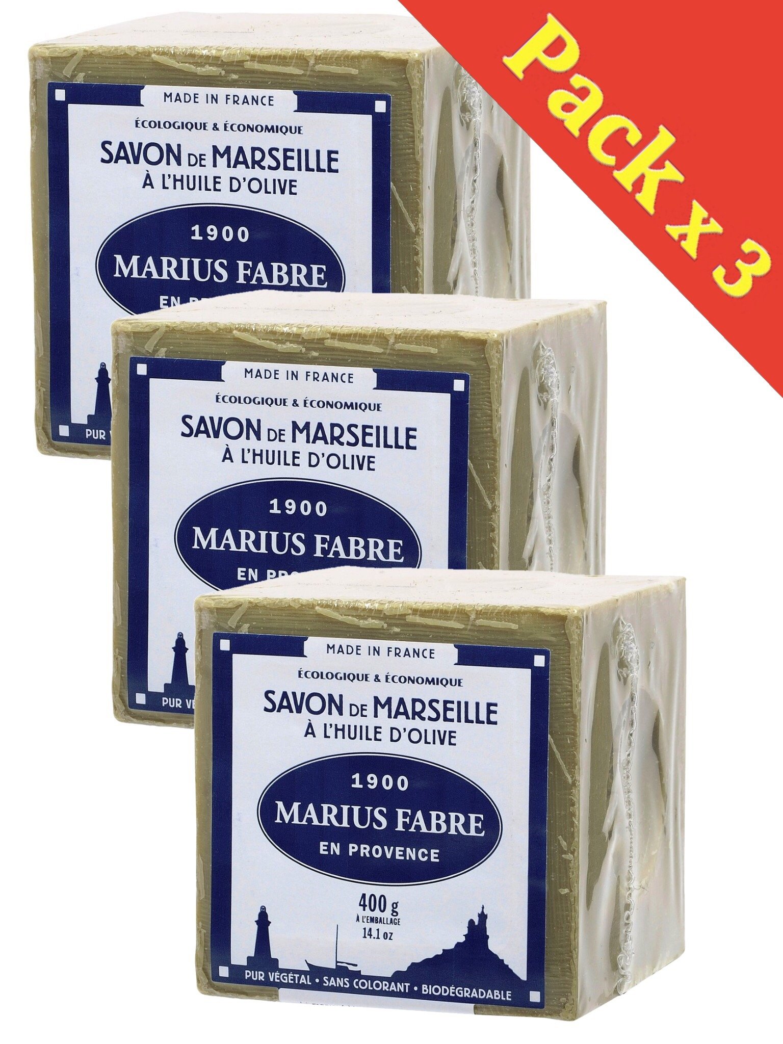 Marius Fabre - MARSEILLE SOAP - Olive Oil Cube 400 Gr - Lot of 3 Cubes 400 Gr