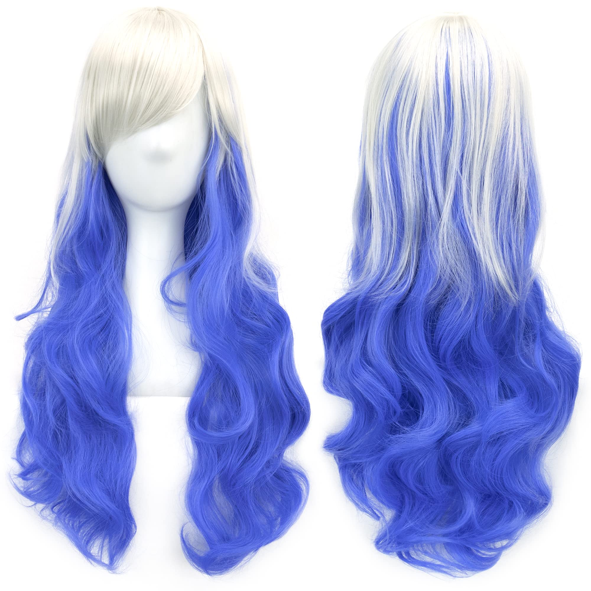 IMISSU 26'' Long Natural Hair Cosplay Wig with Bangs Colorful Halloween Costume Party Wigs for Women (White Blue)