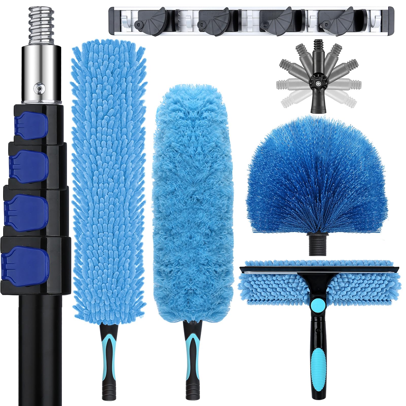 Photo 1 of 30ft High Ceiling Duster Kits with 5-24ft Heavy Duty Extension Pole - Fan Blade Cleaner, Cobweb Remover & Blue Window Squeegee Kit, Washable Dust Brush for High Roof and Glass Surfaces