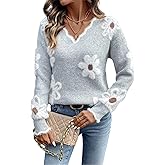 FOTKLAX Women's Pullover V Neck Sweater Floral Knitted Long Sleeve Cute Trendy Cozy Sweaters for Winter