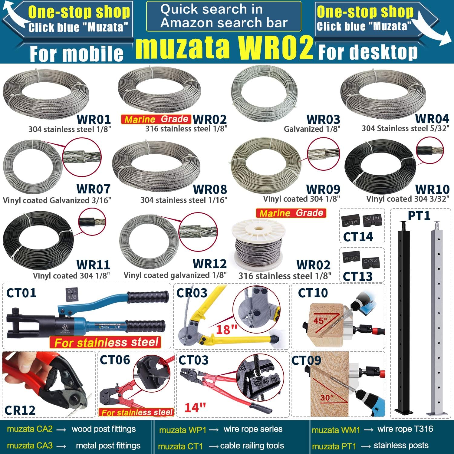 Muzata Stainless Steel Wire Rope Aircraft Bicycle Cable Cutter for Deck Railing, Up to 5/32" CR12, Series CT1 - - 