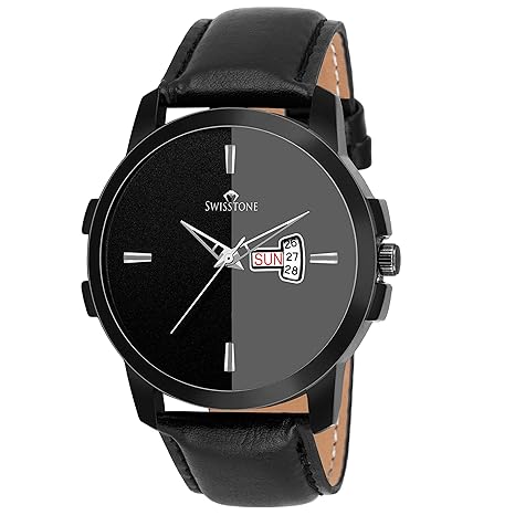 Swisstone BK385-BLK Black Leather Strap Wrist Watch for Men