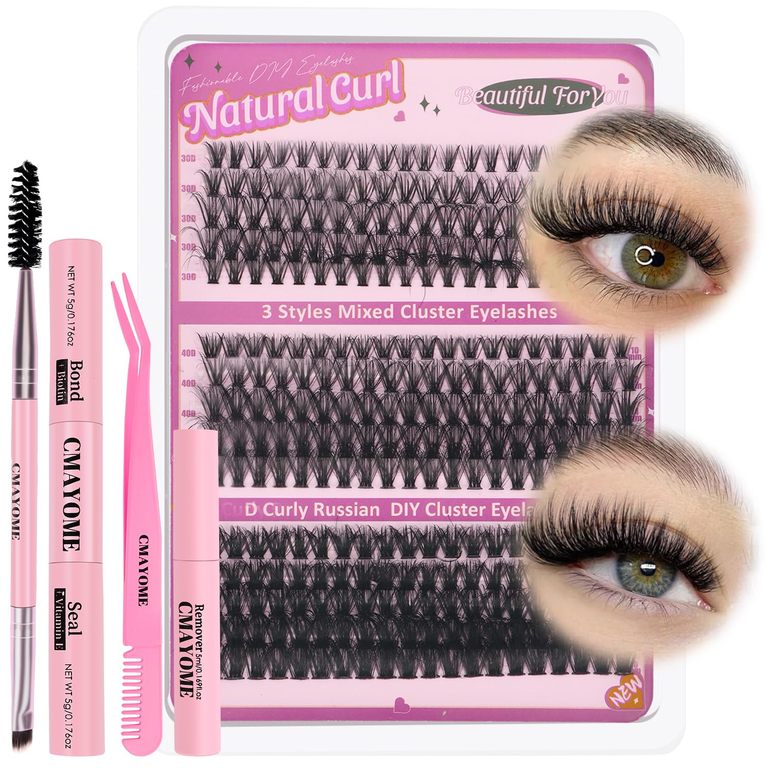 OWill Cluster Lashes, 300Pcs Fluffy Individual Eyelashes Kit DIY Lash Extensions Kit D Curl Eyelashes Russian Cluster Lashes with Lash Bond and Tweezer (30+40+50D)