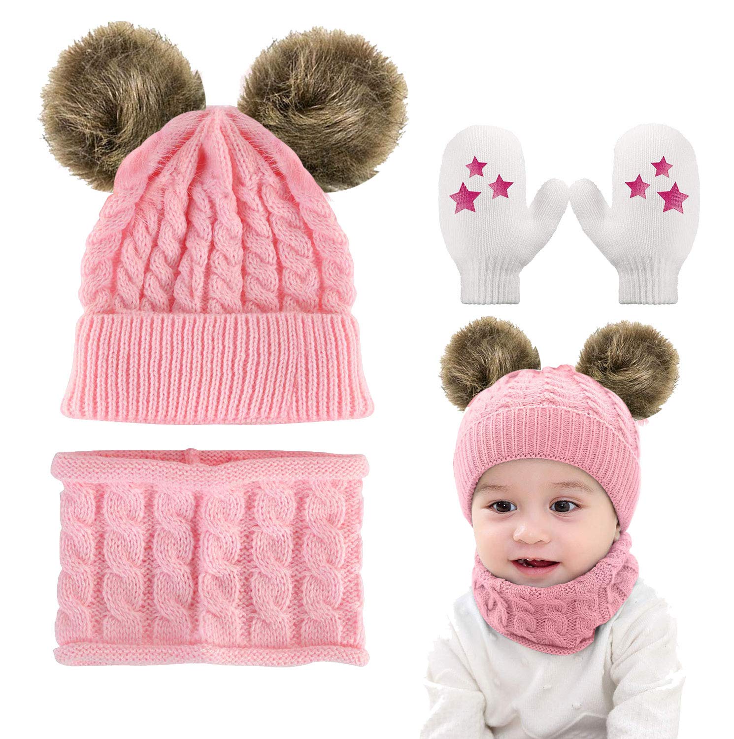 Yutdeng Baby Toddler Knit Beanie Neck Warmer Gloves 2PC/3PC Beanie Hats Mittens with Circle Scarf Baby Winter Warm Pompom Cap 0-24 month