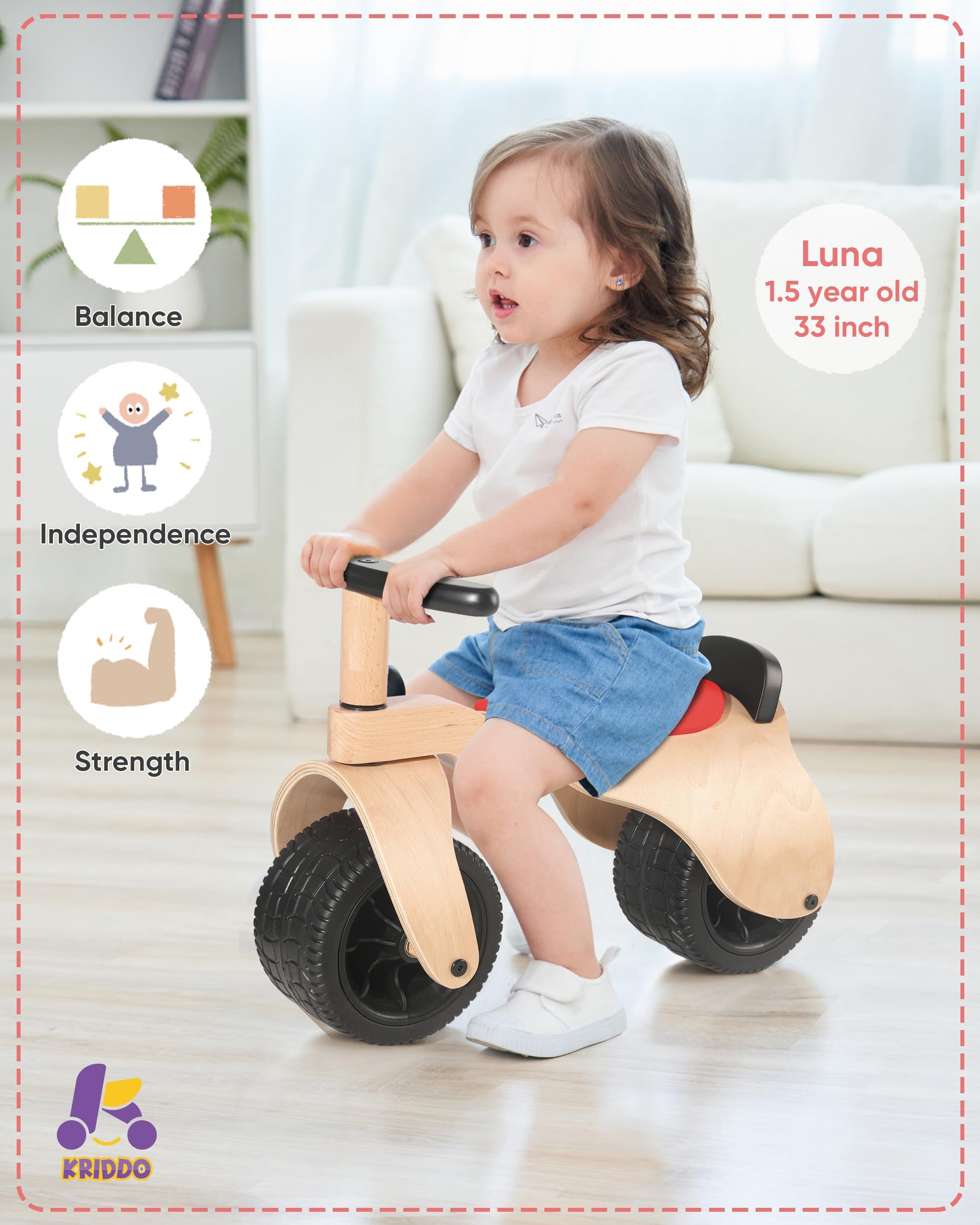KRIDDO Wooden Baby Balance Bike 1 Year Old, Wide Wheels for Stable and Smooth Ride, Boy Girl First Balance Bike Gift for 12 Month to 3 Year, Non-Sharp Edge, Soft Seat