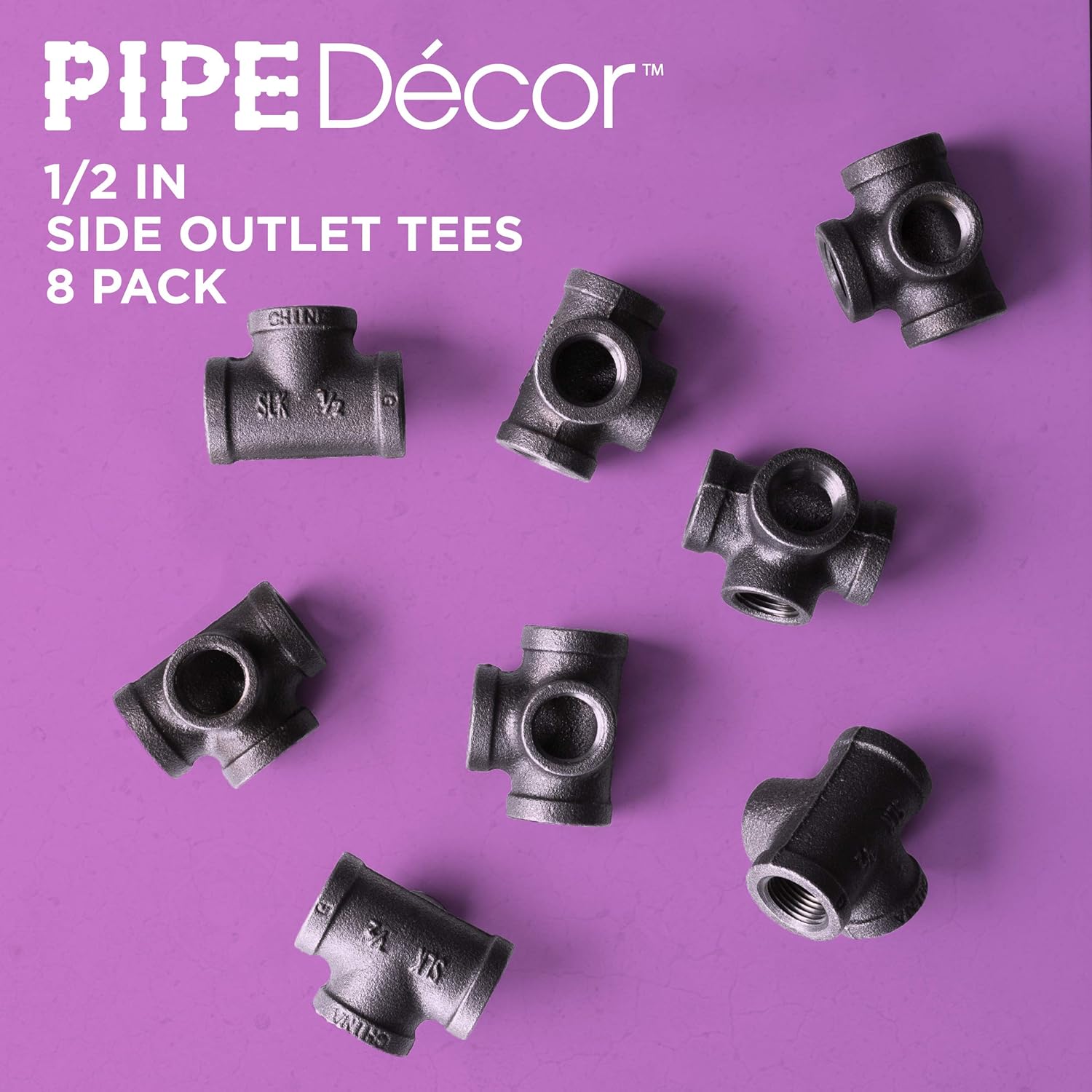 1/2 Inch Side Outlet Tee (4-Way) Industrial Cast Iron Pipe Fitting 8 Pack by Pipe Decor, Pipe Components For Building Tables, Chairs, Shelving, and Custom Furniture, Fits Half Inch Pipes, Eight Pack - - 