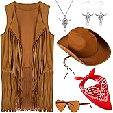 Zonon 6 Pcs Western Cowgirl Costume Outfits for Women Cowgirl Vest Hat Sunglasses Bandana Earrings Necklace for Halloween