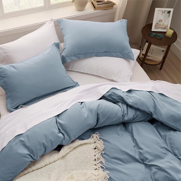 BEDSURE GRAYISH BLUE DUVET COVERS QUEEN SIZE – PREWASHED COTTON-LIKE POLYESTER DUVET COVER, SOFT QUEEN DUVET COVER SET 3 PIECES WITH ZIPPER CLOSURE, 1 DUVET COVER 90X90 INCHES AND 2 PILLOW SHAMS
