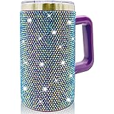 XMYAINA 20oz Bling Tumbler With Handle Stainless Steel Rhinestone Insulated Cup with Lid and Straw Double Wall Vacuum Coffee Cup Reusable Glitter Travel Coffee Mug for Cold and Hot (Purple)