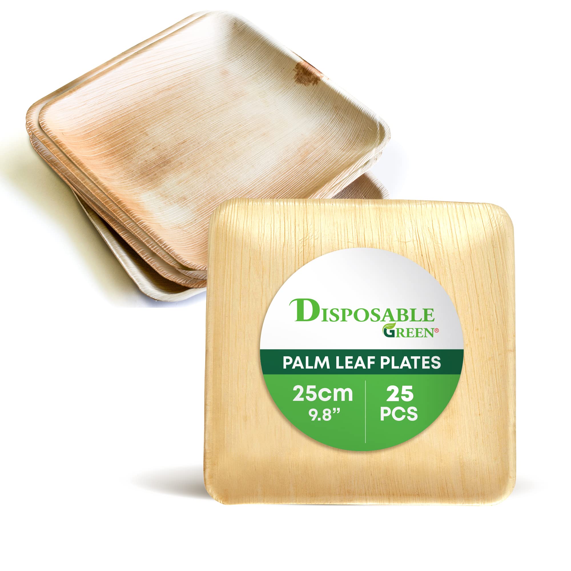 DISPOSABLE GREEN - Square Disposable Plates, Areca Leaf Serving Plates, Dinner Plates for Parties, Weddings, Catering, & More, Disposable Plates for Hot Food & Cold Food, 25L x 25W x 2.5D cm, 25-Pcs