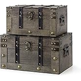 Soul &amp; Lane - Wood Treasure Chests, Set of 2, Large Antique Storage Trunks | Decorative Wooden Boxes with Hinged Lids for Keepsakes and Home Decor, Small and Medium Pirate Chest Storage Set