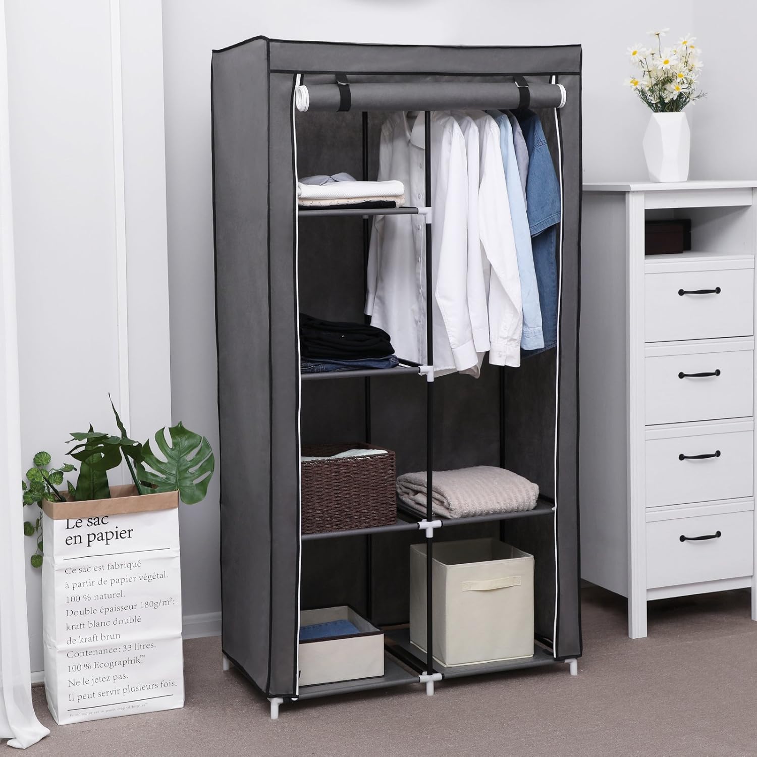 SONGMICS Fabric Wardrobe, Clothes Storage Organiser, 6 Shelves, 1 Hanging Rail, Non-Woven Fabric, Metal Frame - Image 3