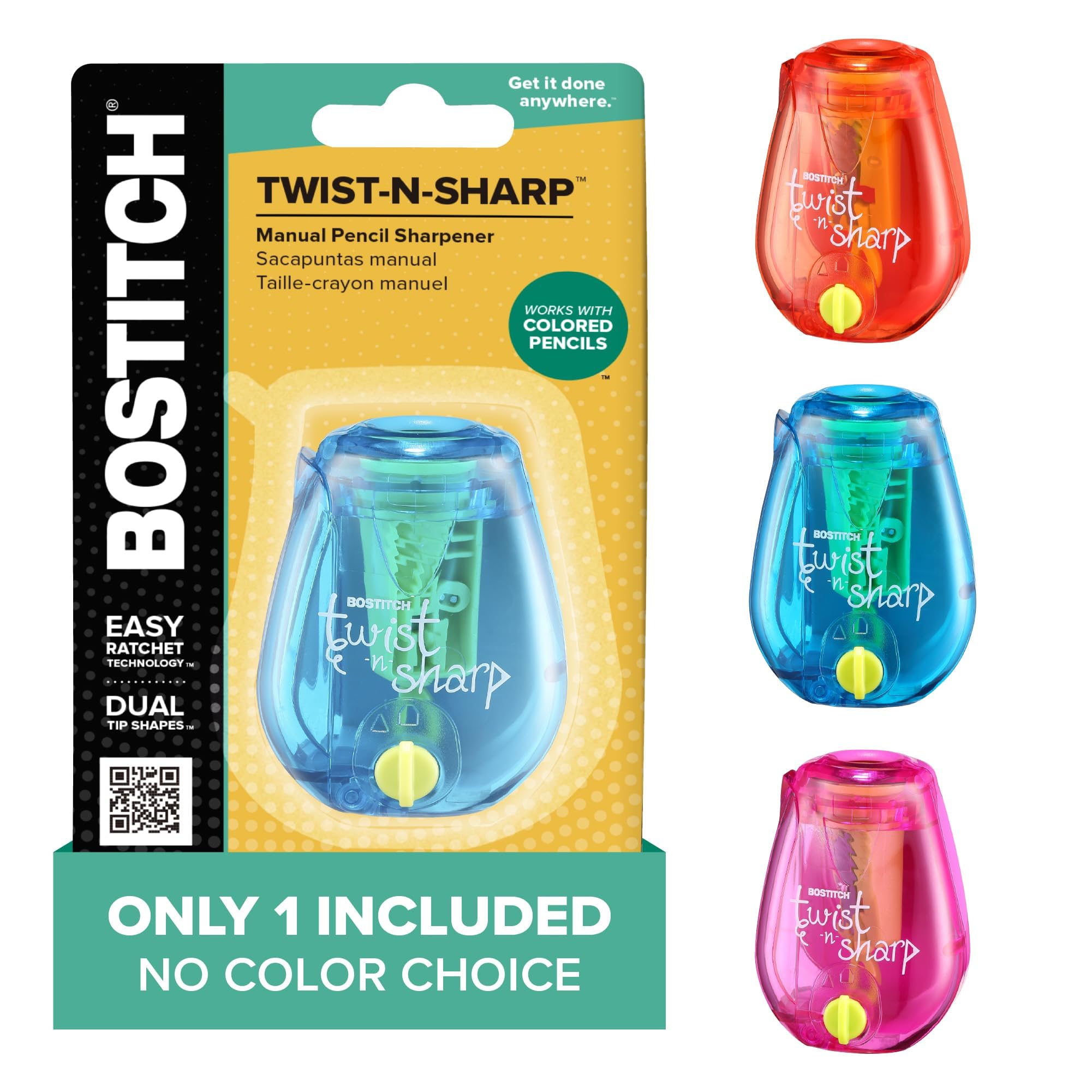 Bostitch Office Pencil Sharpener, One Assorted Color, Twist-n-Sharp, Kids & Colored Pencils, (PS1-ADJ)
