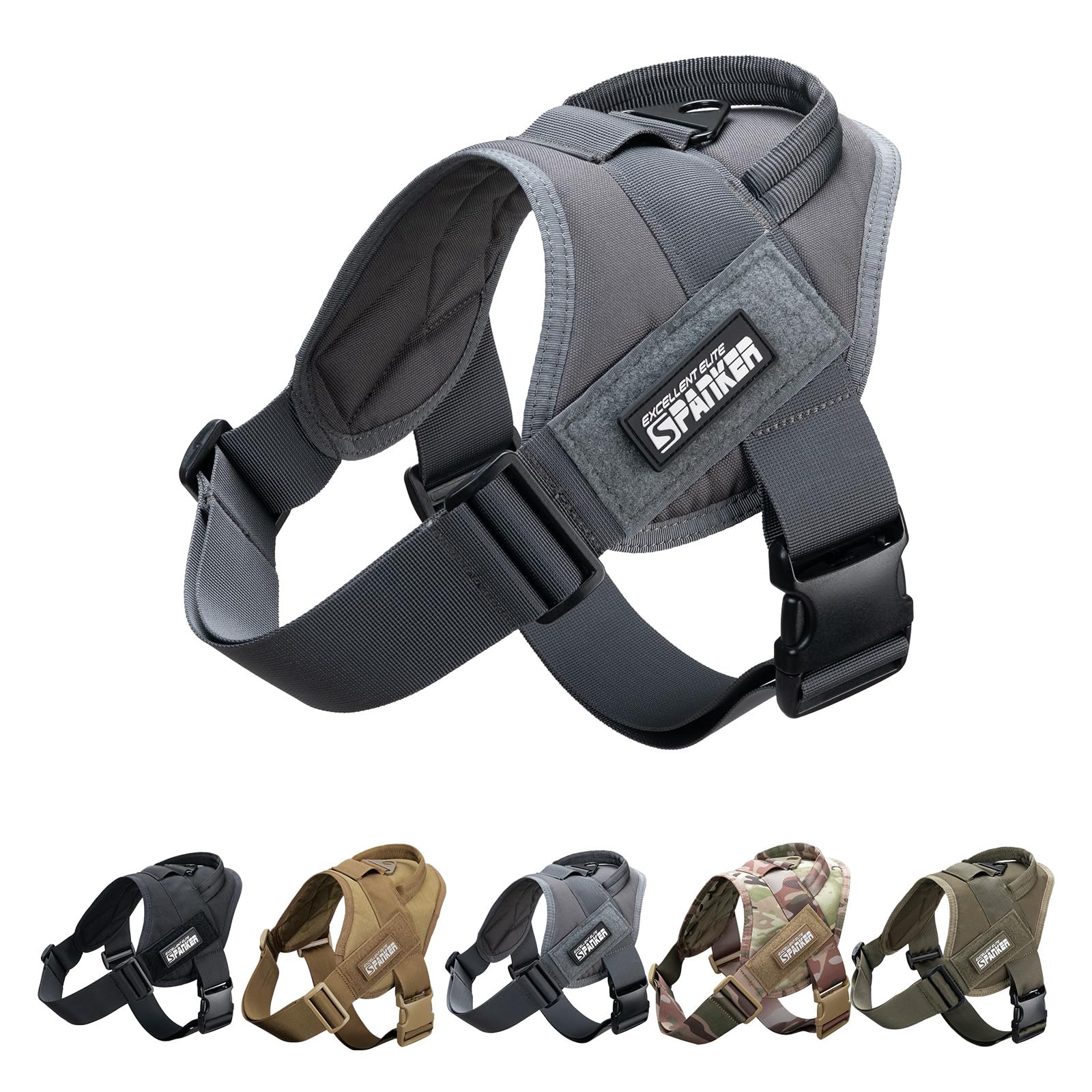 EXCELLENT ELITE SPANKER Tactical Dog Vest Training Military Patrol Service Dog Harness Easy Control Adjustable No-Pull Nylon Pet Harness with Handle for Small Medium Large Dogs(Grey-L)