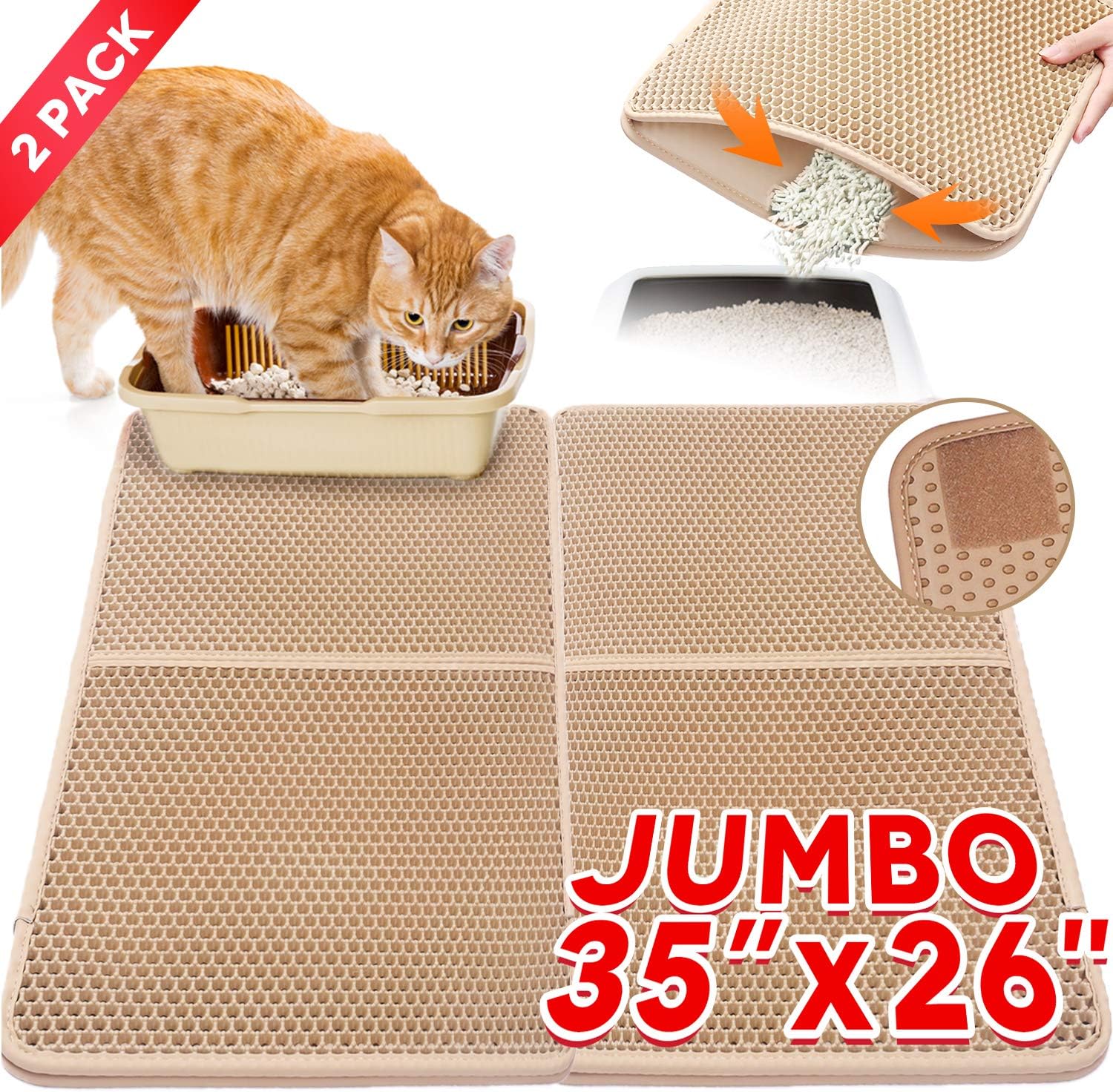 Cat Litter Mat,Kitty Litter Trapper,Extra Large Max 35"x26"(2pcs Spliced) Cat Mats for Litter Box,Honeycomb Double-Layer Design Waterproof Urine Proof,Box Mat Litter Trapper,Easy Clean Scatter Control
