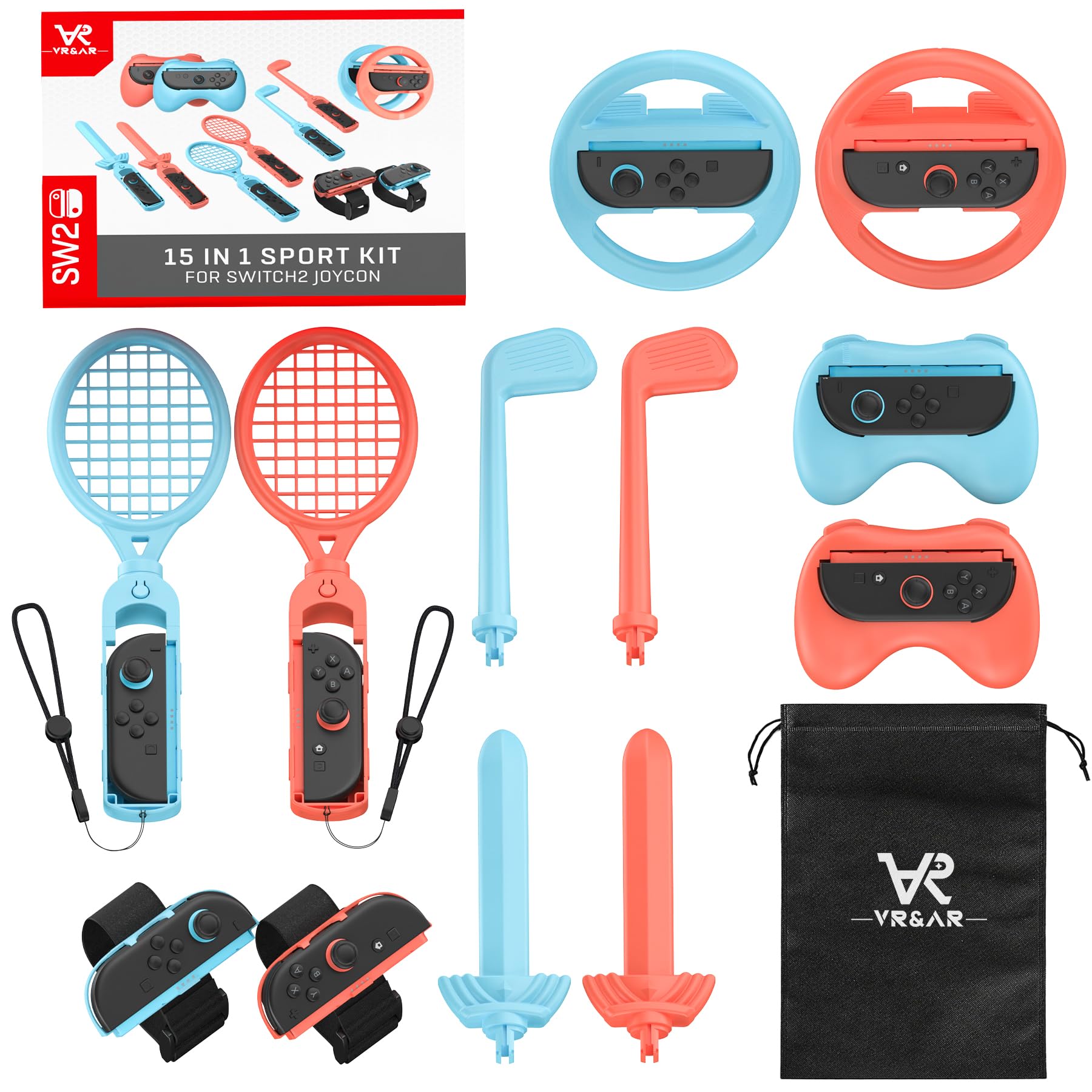 Photo 1 of 15-in-1 Accessories Kit Compatible with Nintendo Switch 2 Joy-Con, for Switch Sports, Mario Kart, Co-op Games, Includes Rackets, Golf Clubs, Swords, Steering Wheels, Controller Grips, Wristbands