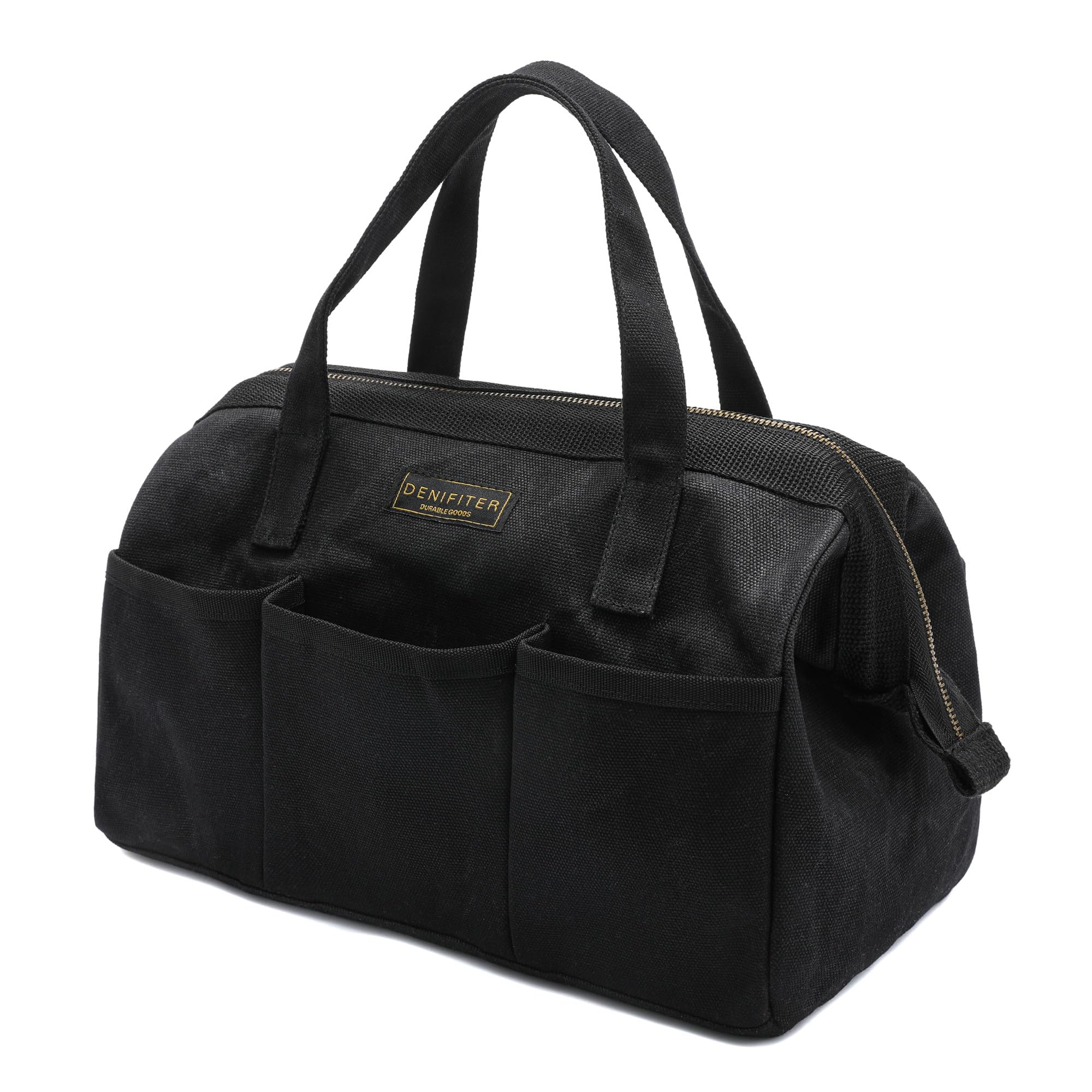 Tool Bag with Zipper, Heavy Duty 16oz Waxed Canvas Wide Mouth Tool Tote Bag, 13-inch Muti-Purpose Storage Tool Pouch with Side Pockets