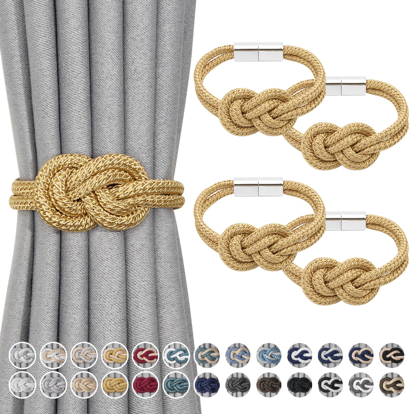 Pretty Jolly 4 Pack Mini Magnetic Curtain Tiebacks Nordic Simple Style Drape Tie Backs Elegant Hand Weave Rope Knot Decorative Curtain Holdbacks for Home & Office Window Drapery (Gold)