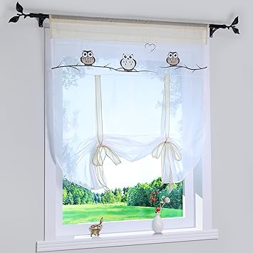 Eule Druck transparent Voile Raffrollo Tunnelzug Rollos Gardine 1er-Pack B*H 100*140cm, Sand