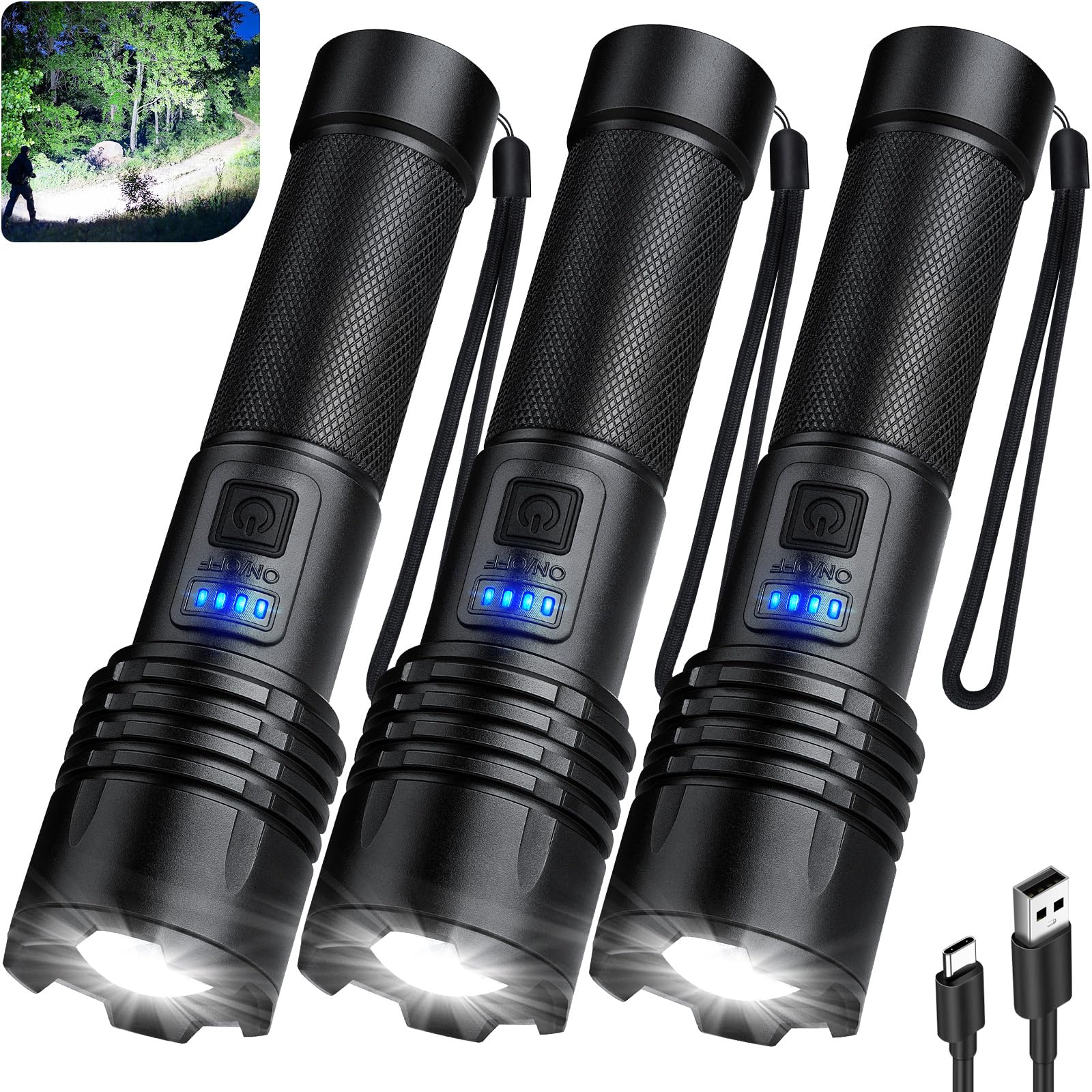 Photo 1 of 3 Pack Rechargeable Flashlights 90,000 High Lumens, Super Bright LED Flash Light with 3 Light Modes, High Power Flashlight with Charging Cables, IPX7 Waterproof for Camping, Outdoor, Home