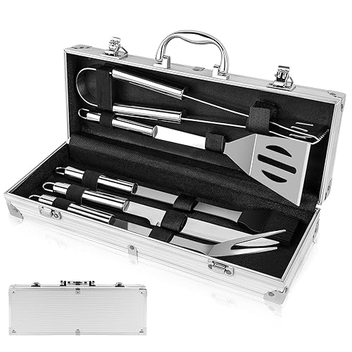 5-Piece BBQ Grill Accessories Set | Ultimate Grilling Tools for Men - Heavy Duty Stainless Steel BBQ Utensils Kit with Aluminum Case & Grill Brush for Dad (5pcs)