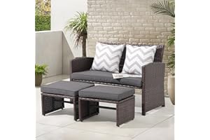OC Orange-Casual Outdoor Loveseat 3 Piece Patio Furniture Set Outdoor Conversation Set All-Weather Wicker Love Seat with Ottoman/Side Table, Brown Rattan, Dark Grey