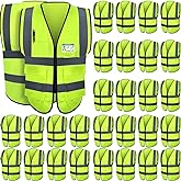 Leumoi 30 Pack Reflective Safety Vest with Pockets and Zipper High Visibility Vest for Women Men Work
