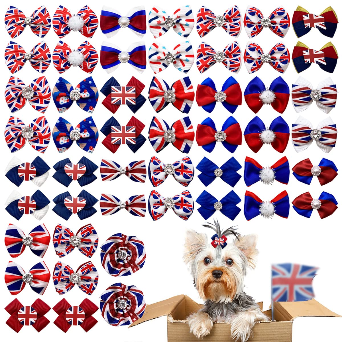 JpGdn 50Pcs Pack Dog Hair Bows for Small Medium Dogs Topknot Union Jack British Dog Hair Bows with Rubber Band Pet Grooming Accessories UK Flag Pattern
