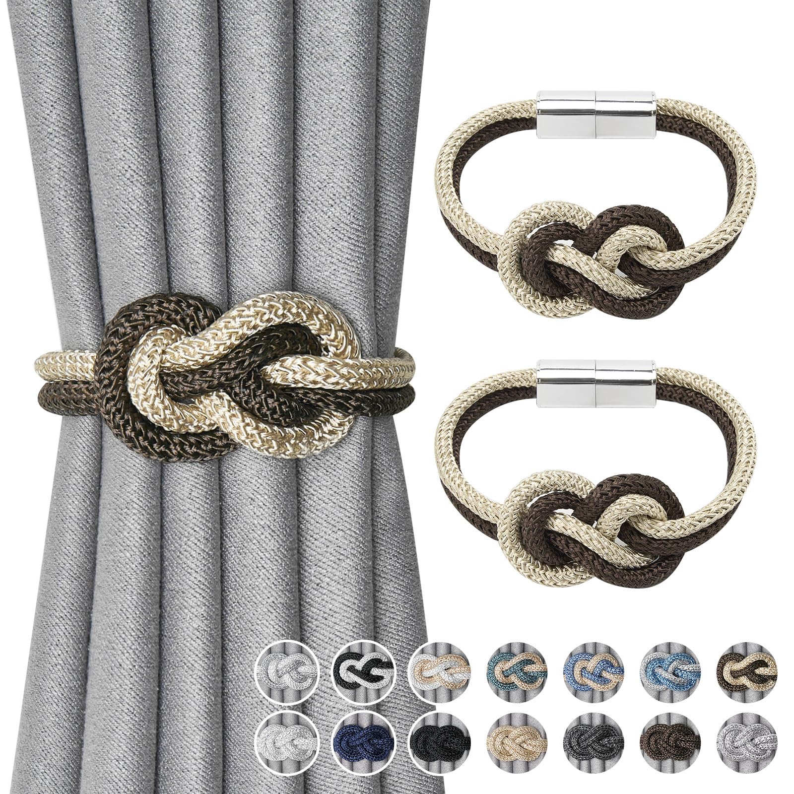 Pretty Jolly 2 Pack Mini Magnetic Curtain Tiebacks Nordic Simple Style Drape Tie Backs Elegant Hand Weave Rope Knot Decorative Curtain Holdbacks for Home & Office Window Drapery (Coffee & Beige)