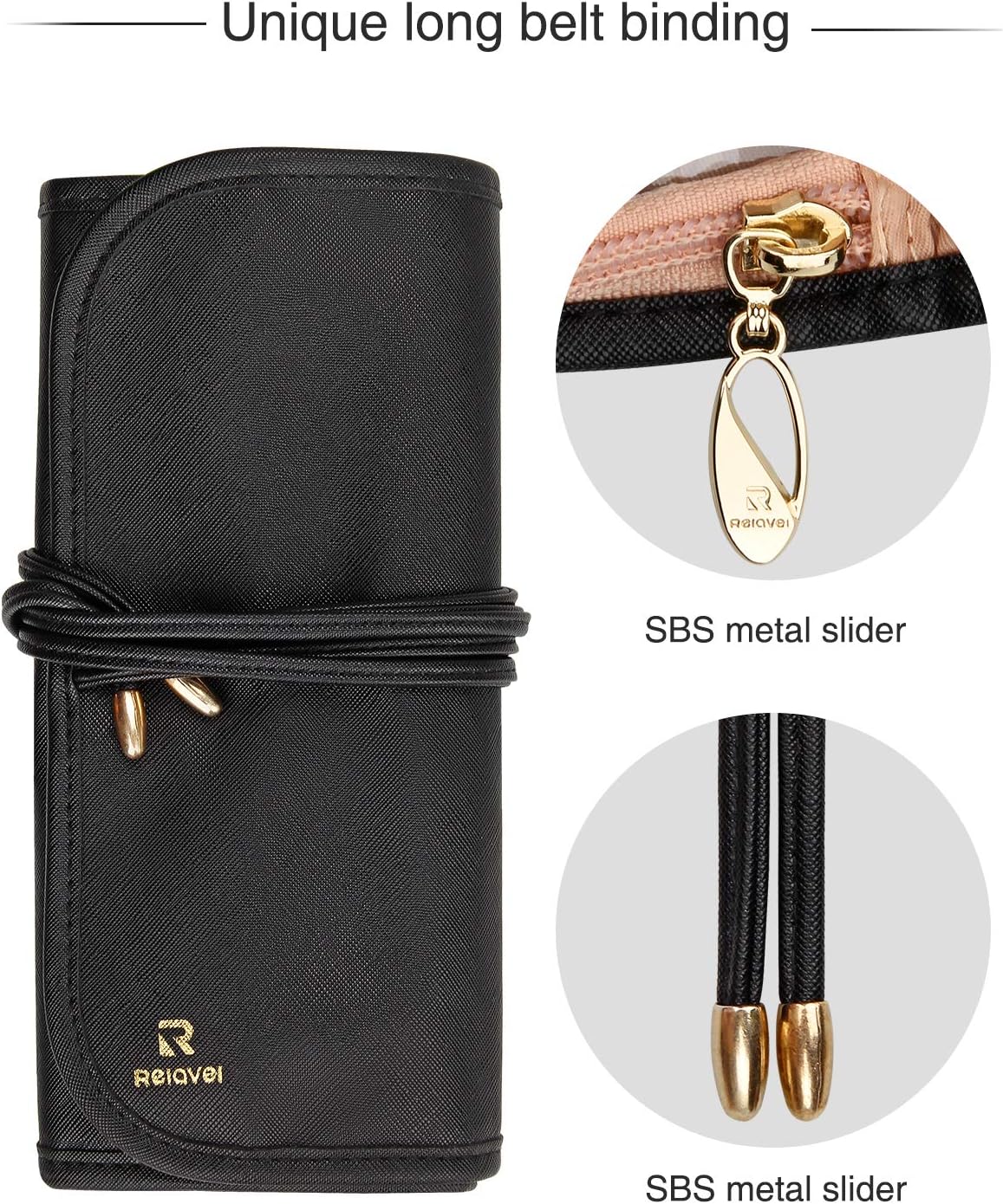 Relavel Makeup Brush Rolling Case Makeup Brush Bag Pouch Holder Cosmetic Bag Organizer Travel Portable Cosmetics Brushes Black Leather Case with Small Clear Bag : Beauty