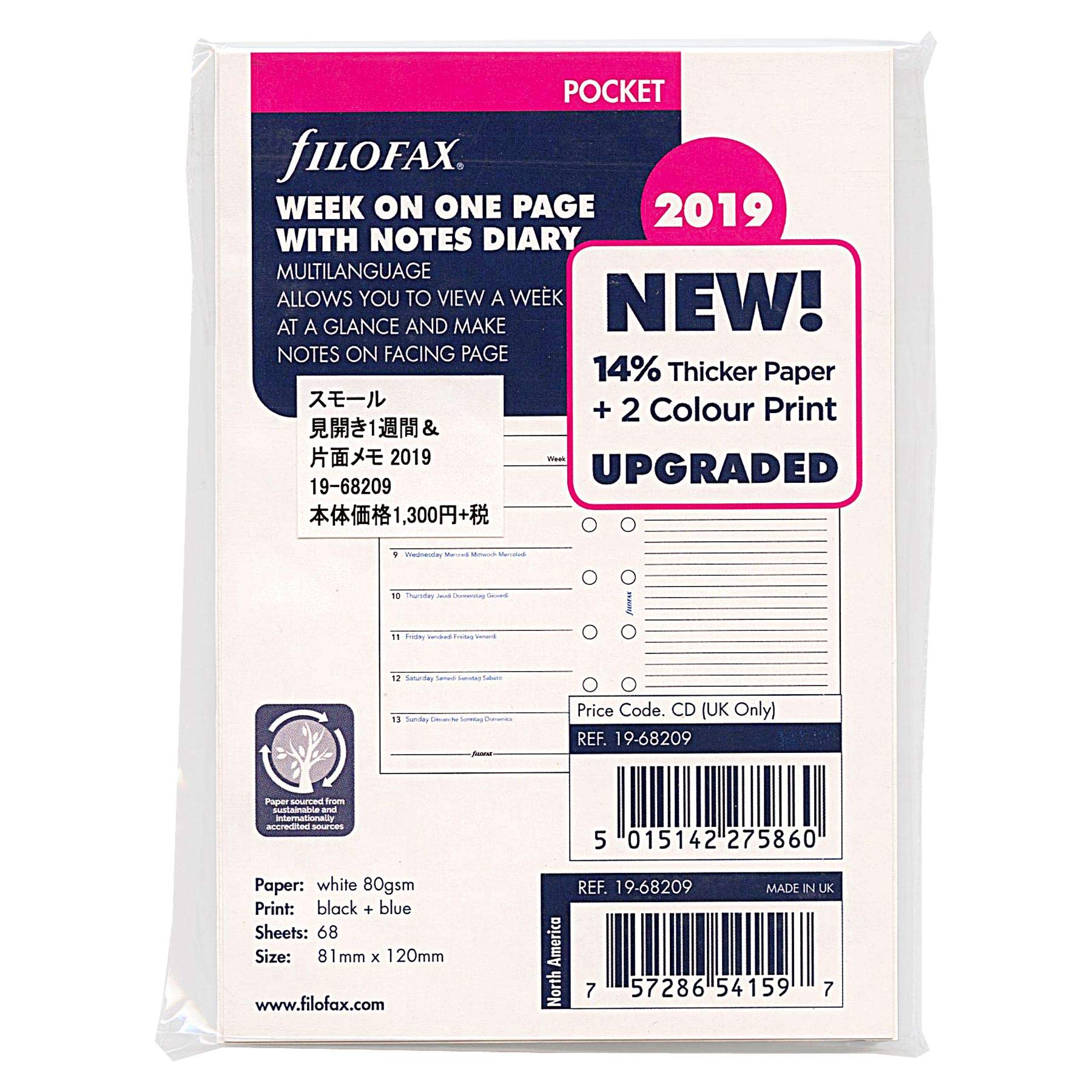 Filofax 19-68209 Pocket Week Per Page 2019 Diary with Notes