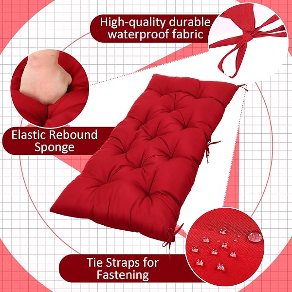 WENQIK OUTDOOR BENCH CUSHION 59 X 20 X 4 INCHES WATERPROOF OUTDOOR PORCH SWING CUSHION SOFT THICKEN CHAISE LOUNGE PAD WITH TIES FOR INDOOR GARDEN PATIO SEAT(RED,CLASSIC)