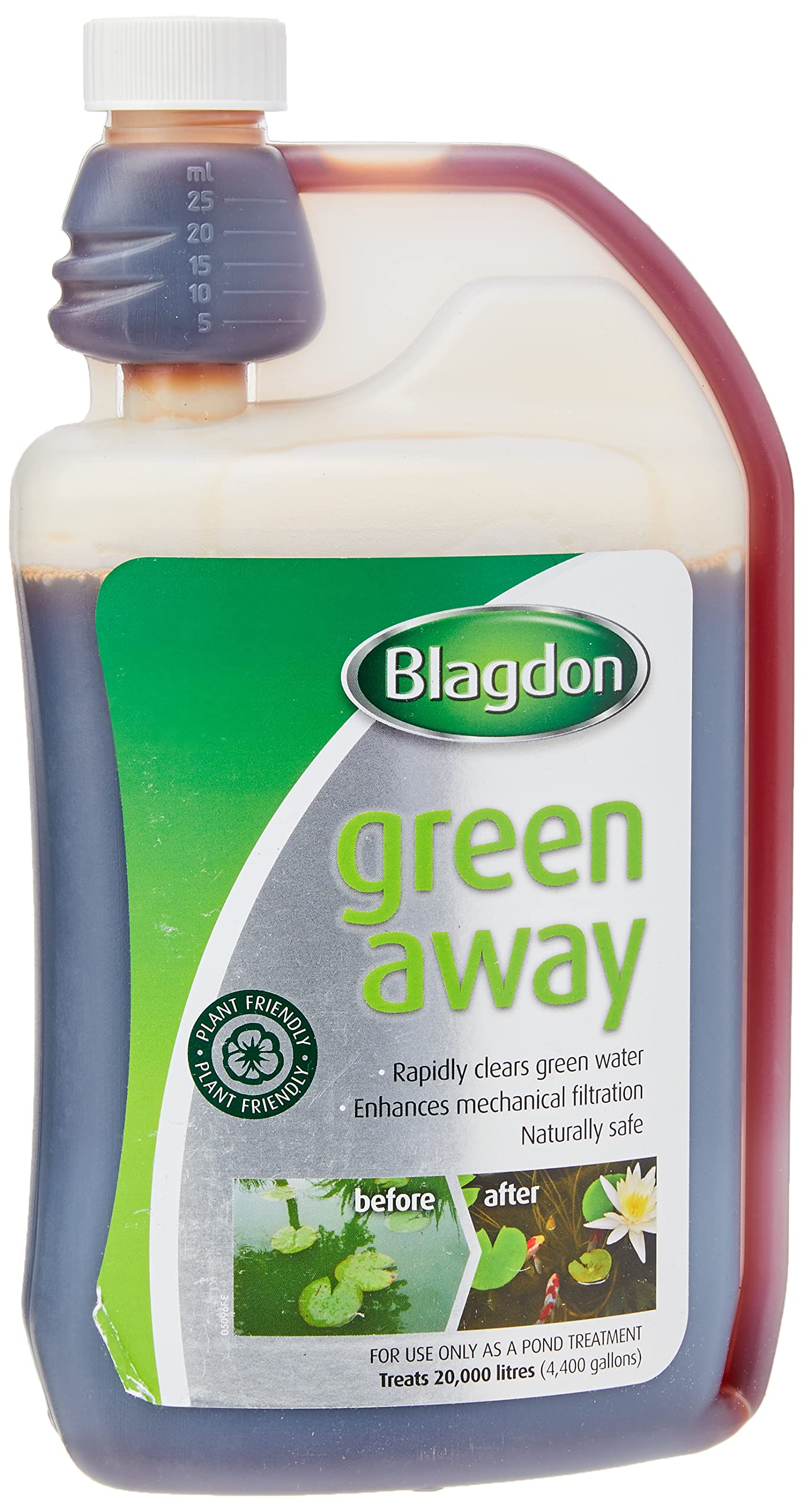Blagdon Green Away Pond Water Treatment, Clears Green Water and Suspended Algae Particles, Natural, Plant Friendly, Safe for Fish, 1 Litre, Treats 20,000 Litres of Water